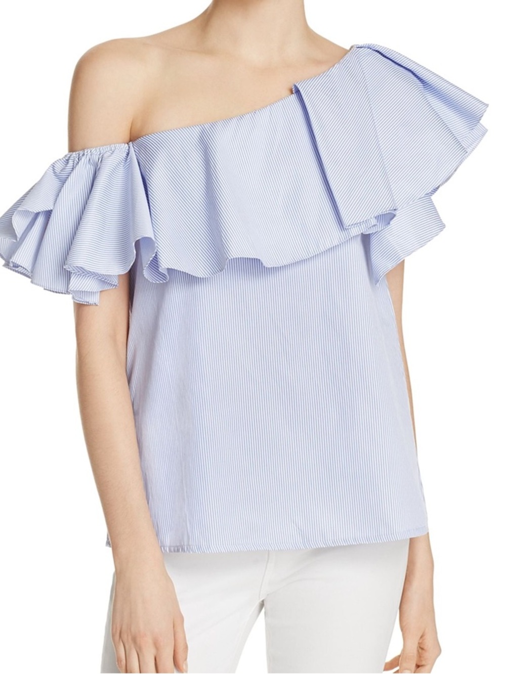 MLM Label | Light Blue Striped Off-Shoulder Ruffle Top